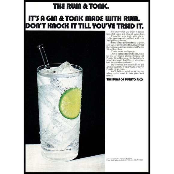 1971 Rums of Puerto Rico Rum & Tonic Cocktail Vintage Print Ad Bar Wall Art - Picture 1 of 1